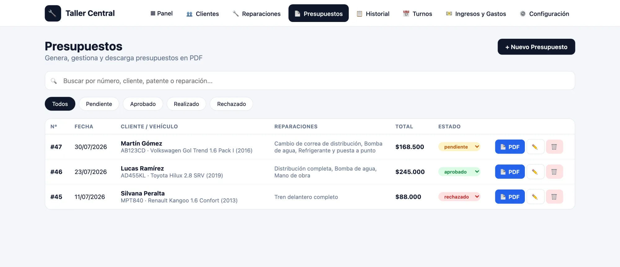 Lista de presupuestos con número, cliente, vehículo, total y estado.
