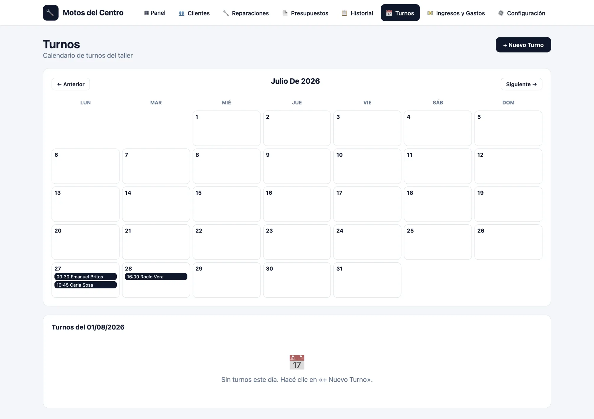 Calendario de turnos del taller de motos con los turnos del día seleccionado.